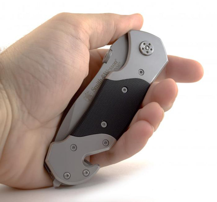Smith & Wesson SWFRS 8in High Carbon S.S. Folding Knife with 3.3in Drop Point Serrated Blade and S.S. with G-10 Inlay Handle for Outdoor, Tactical, Survival and EDC