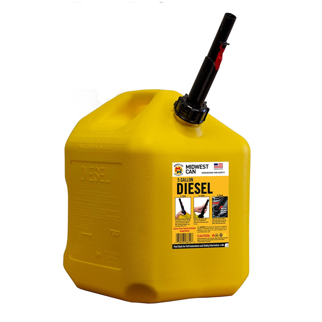 Midwest Can 8610 Safe-Flo Auto Shut Off 5 Gallon Diesel Can Yellow Plastic Fuel Container with FlameShield Safety System & Quick-Flow Spout - 1 Pack