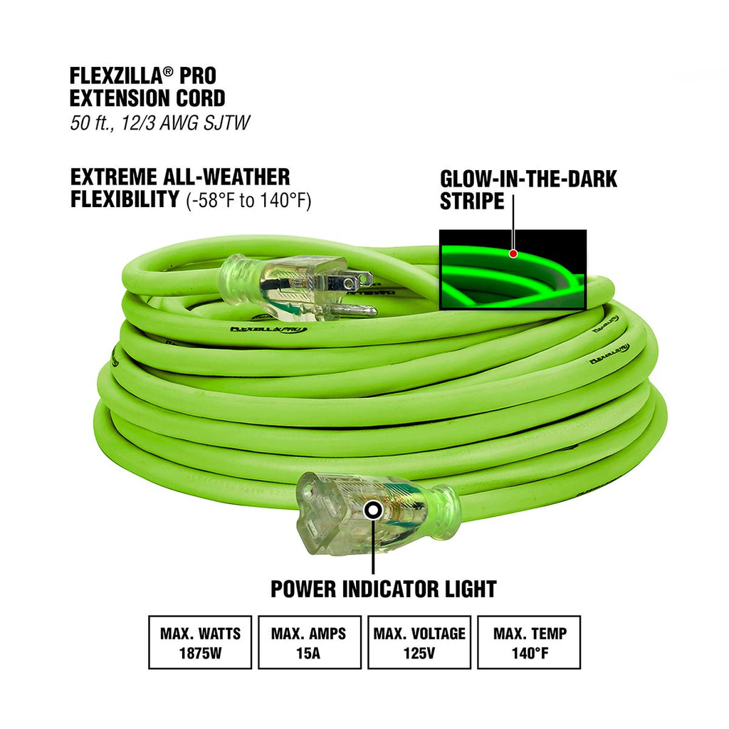 Flexzilla Pro Extension Cord, 12/3 AWG SJTW, 50 ft., Lighted Plug, Indoor/Outdoor, ZillaGreen - FZ512830