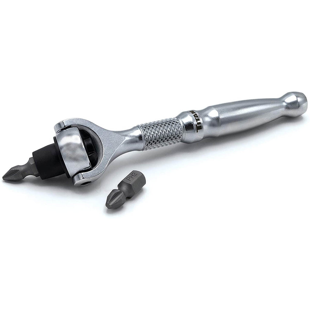 Titan 11318 1/4-Inch Drive x 4-Inch 90-Tooth Swivel Head Micro Ratcheting Bit Driver - Silver