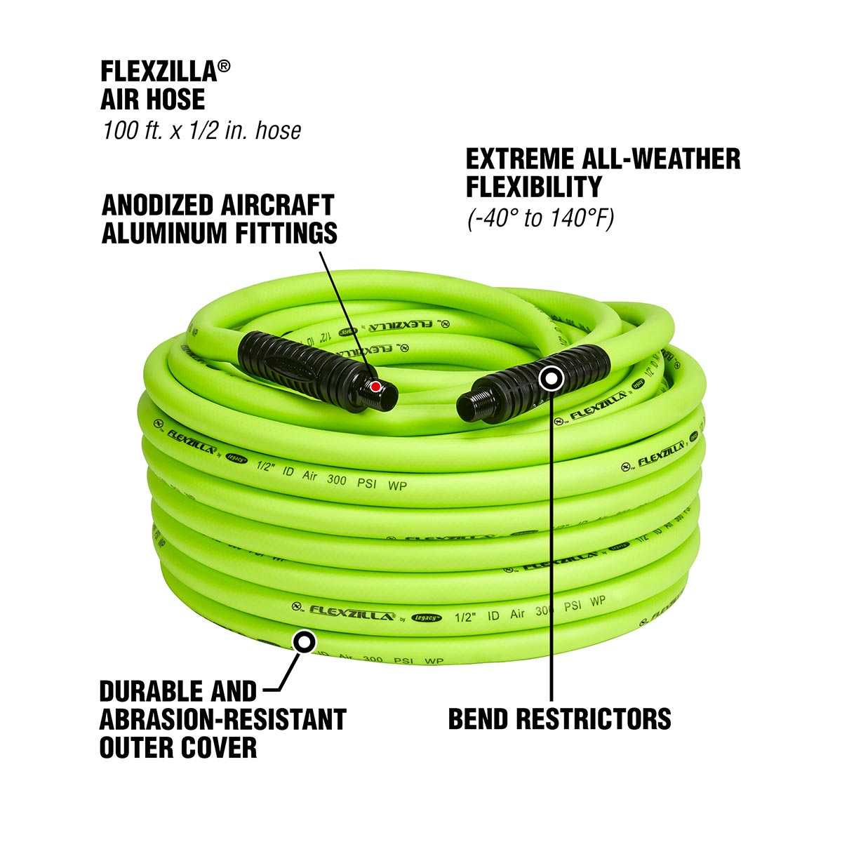 Flexzilla Air Hose, 1/2 in. x 100 ft., 1/2 in. MNPT Fittings, Heavy Duty, Lightweight, Hybrid, ZillaGreen - HFZ12100YW4