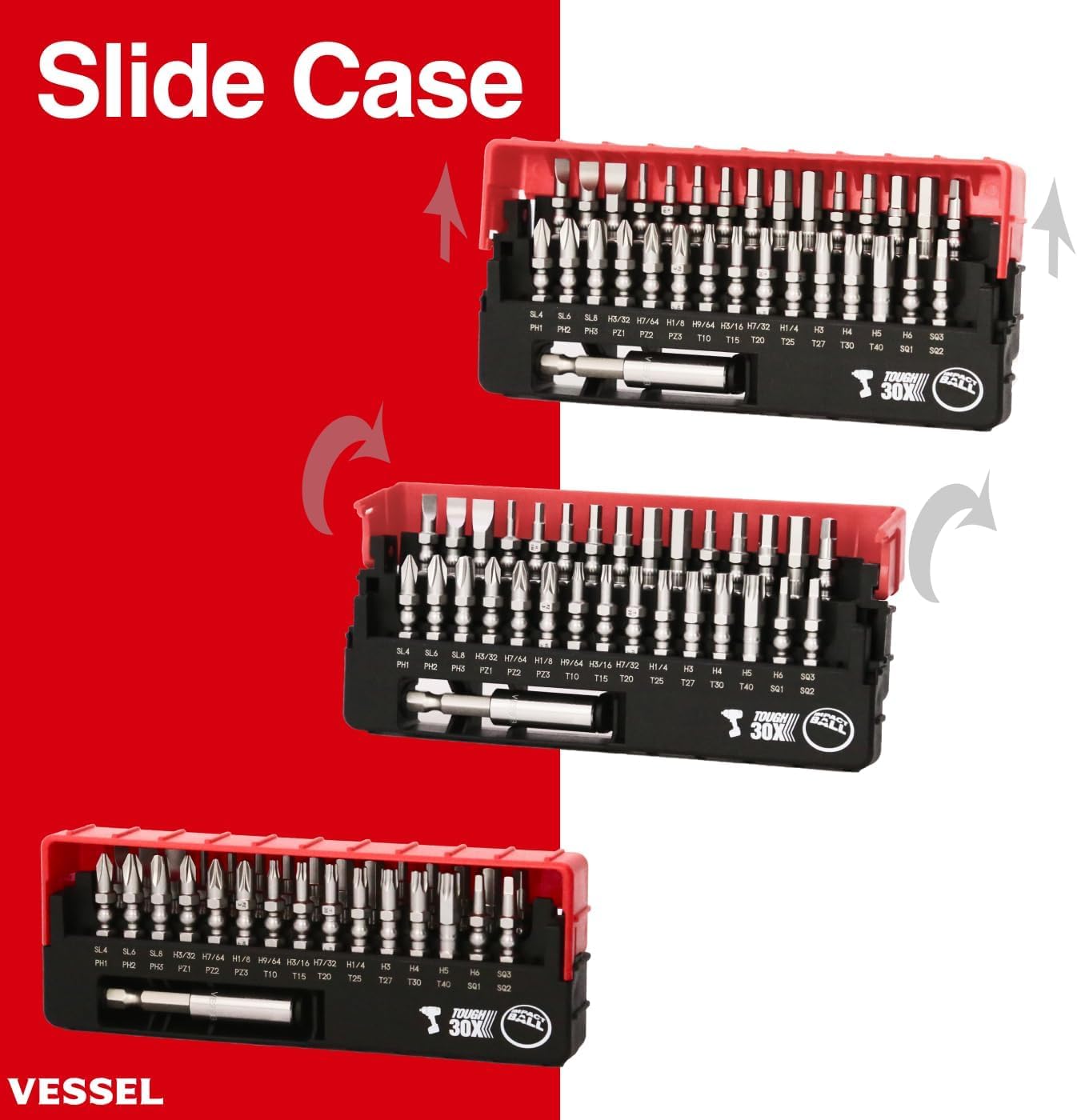 VESSEL IMPACT BALL™ Torsion Bit 30+1 PC. Set in SLIDE CASE No.IB31P02U Made in Japan by VESSEL