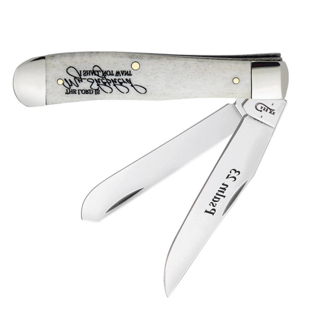 Case Knives 08795 Trapper Folding Knife – Religious Sayings Smooth Natural Bone Handle, Tru-Sharp Stainless Steel, 2-Blade Pocket Knife