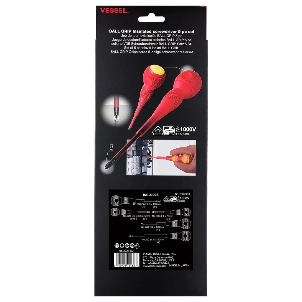 VESSEL BALL GRIP Insulated Screwdriver 5PC. Set No.2005PBU made in Japan by VESSEL