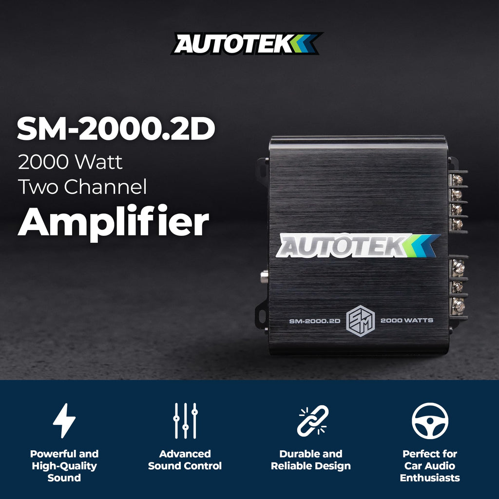 Autotek 2000 Watt 2 Channel Car Audio Amplifier with Bass Knob, High Output Class D Mono Bridged 4 Ohm Stable Input, Street Machine, SM-2000.2D, Black