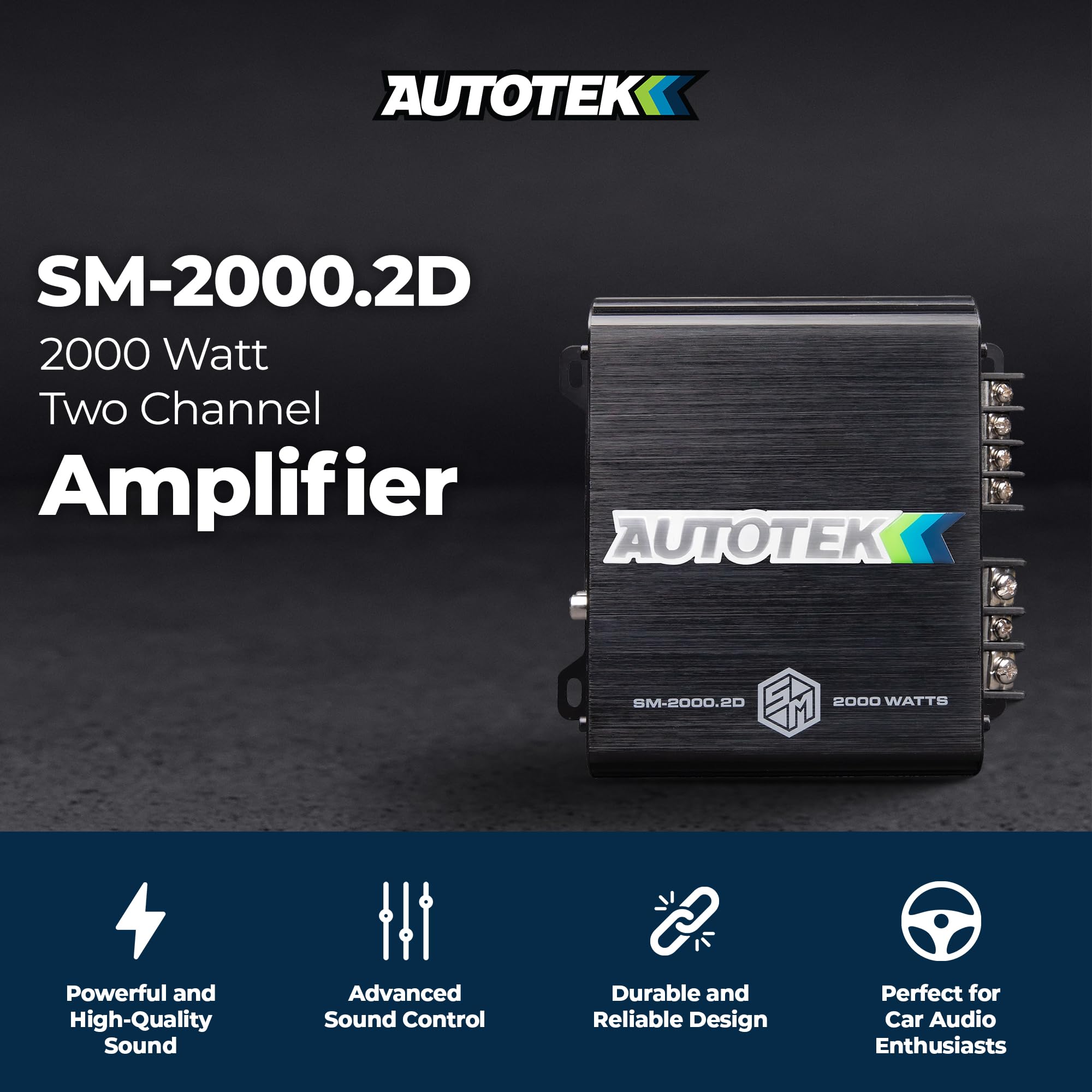 Autotek 2000 Watt 2 Channel Car Audio Amplifier with Bass Knob, High Output Class D Mono Bridged 4 Ohm Stable Input, Street Machine, SM-2000.2D, Black