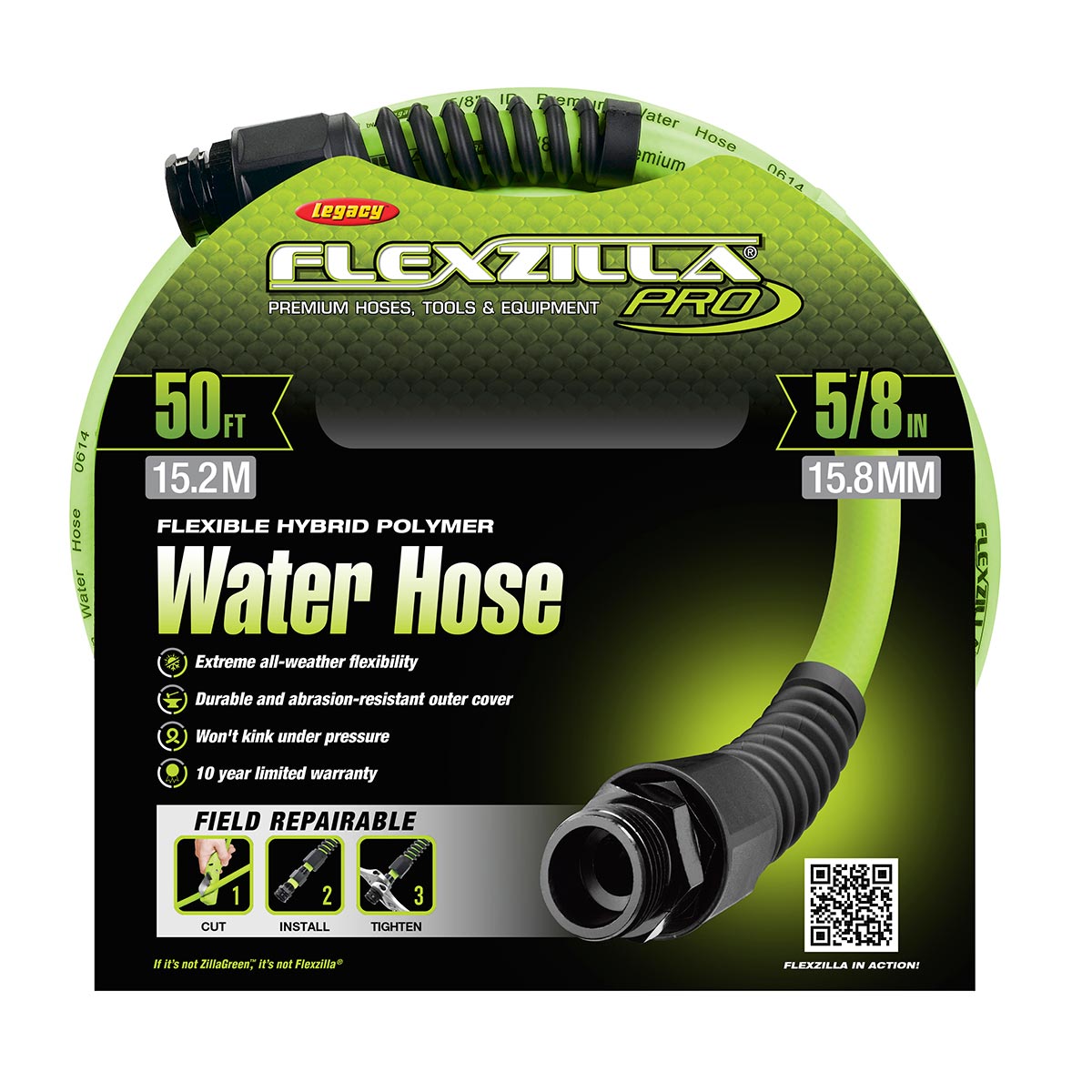 Flexzilla Pro Water Hose with Reusable Fittings, 5/8 in. x 50 ft., Heavy Duty, Lightweight, Drinking Water Safe, ZillaGreen - HFZWP550-E