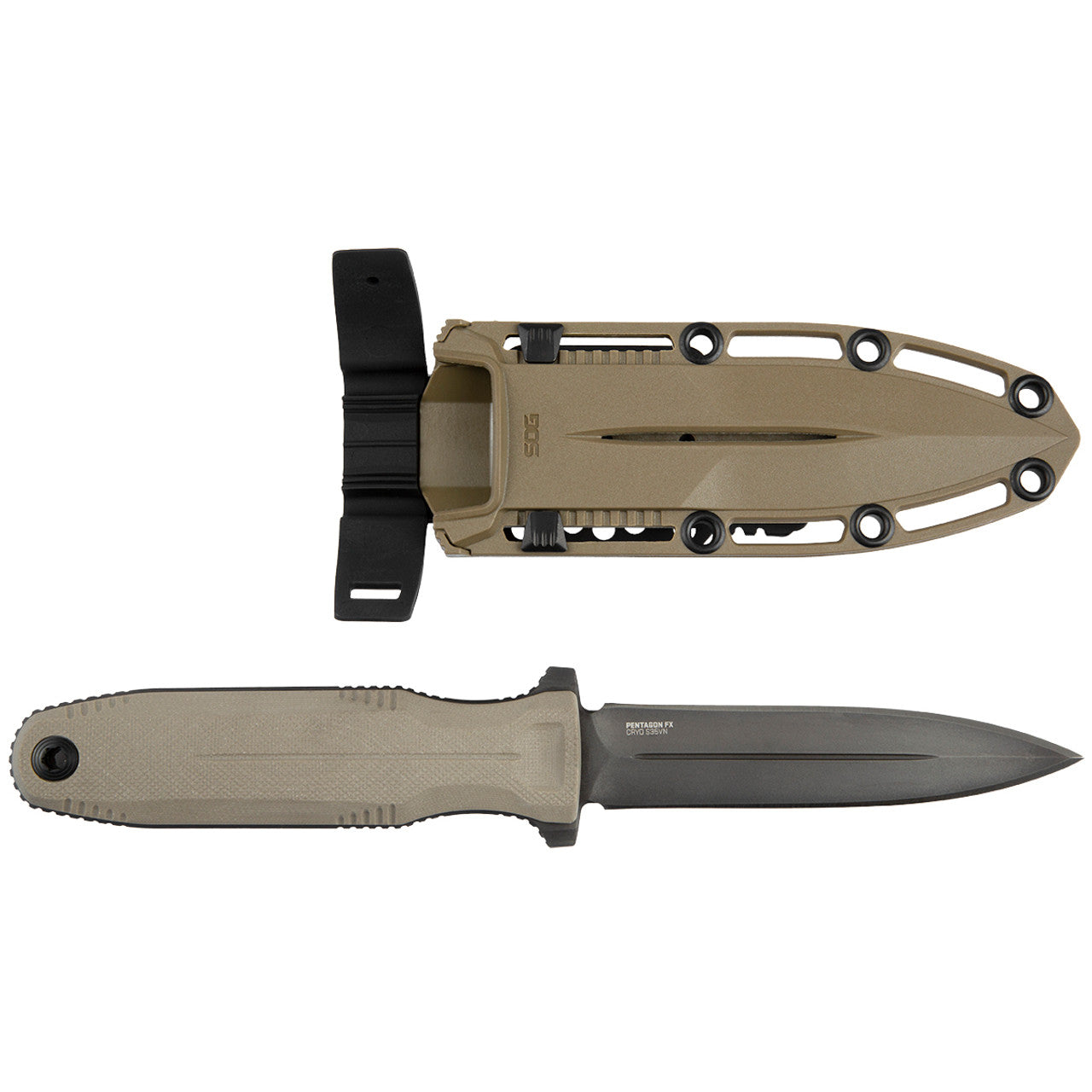 SOG Pentagon FX Professional Hard-Use Full-Sized Fixed Blade Knife for Tactical Needs | CYRO S35VN Full-Tang Steel Blade, FDE