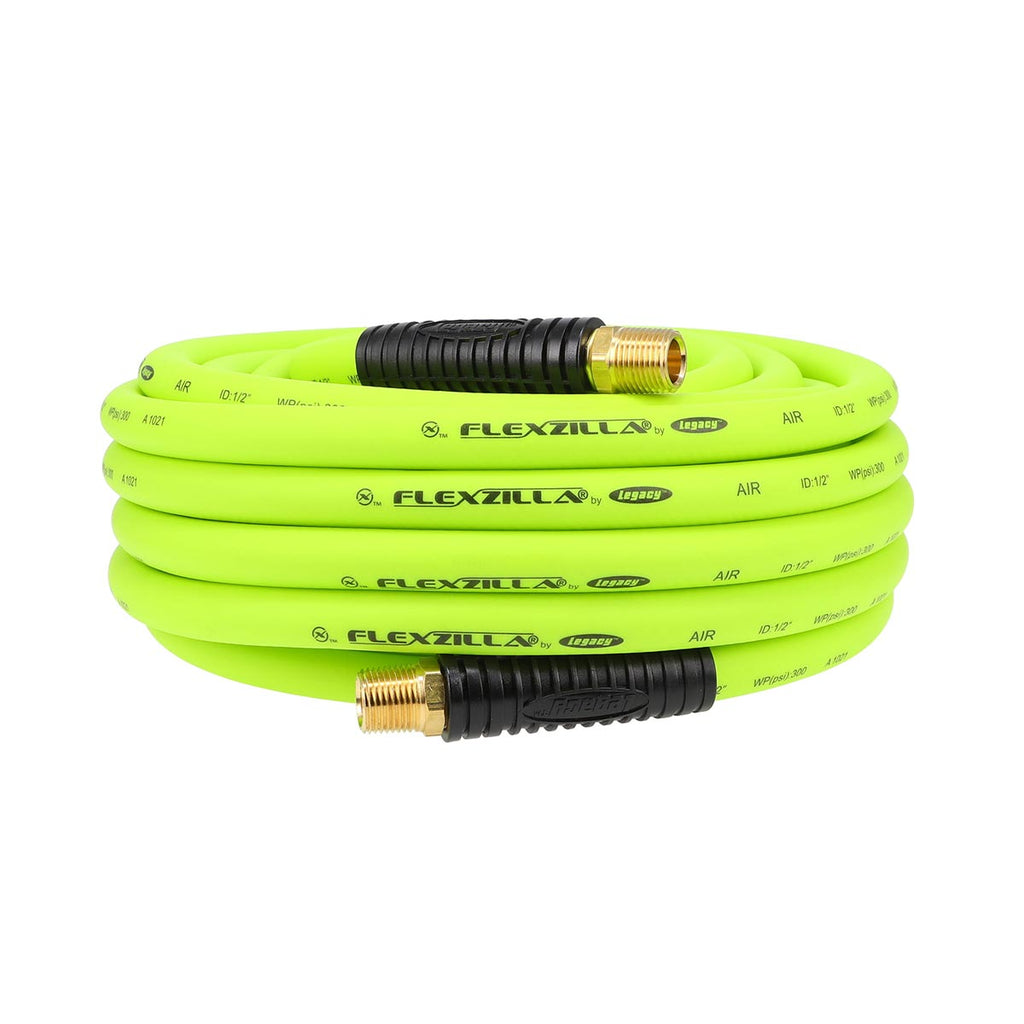 Flexzilla Air Hose, 1/2 in. x 50 ft., 1/2 in. MNPT Fittings, Heavy Duty, Lightweight, Hybrid, ZillaGreen - HFZ1250YW4