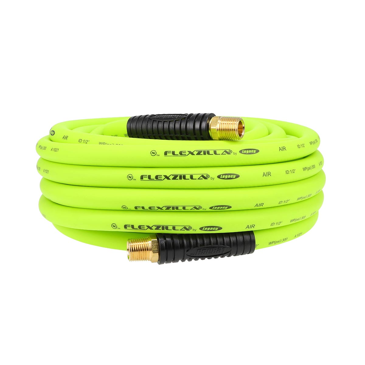 Flexzilla Air Hose, 1/2 in. x 50 ft., 1/2 in. MNPT Fittings, Heavy Duty, Lightweight, Hybrid, ZillaGreen - HFZ1250YW4