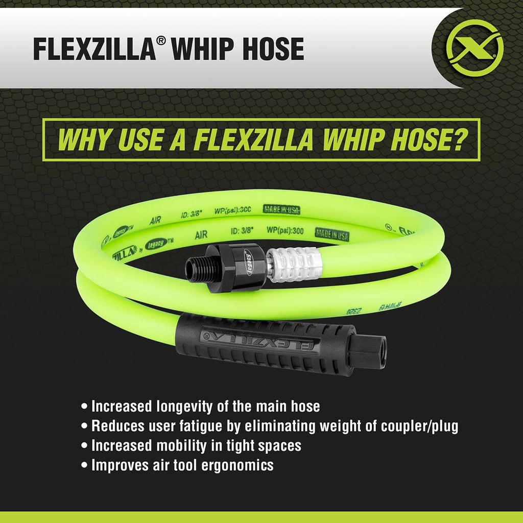 Flexzilla Swivel Whip Air Hose, 3/8 in. x 4 ft. (1/4" MNPT Ball Swivel x 1/4" FNPT Ends), Heavy Duty, Lightweight, Hybrid, ZillaGreen - HFZ3804YW2B