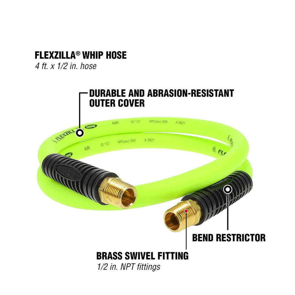 Flexzilla HFZ1204YW4S Swivel Whip Air Hose 4 Ft | 1/2" MNPT Swivel x 1/2 in" MNPT Ends | Extreme All Weather Flexibility | Lightweight