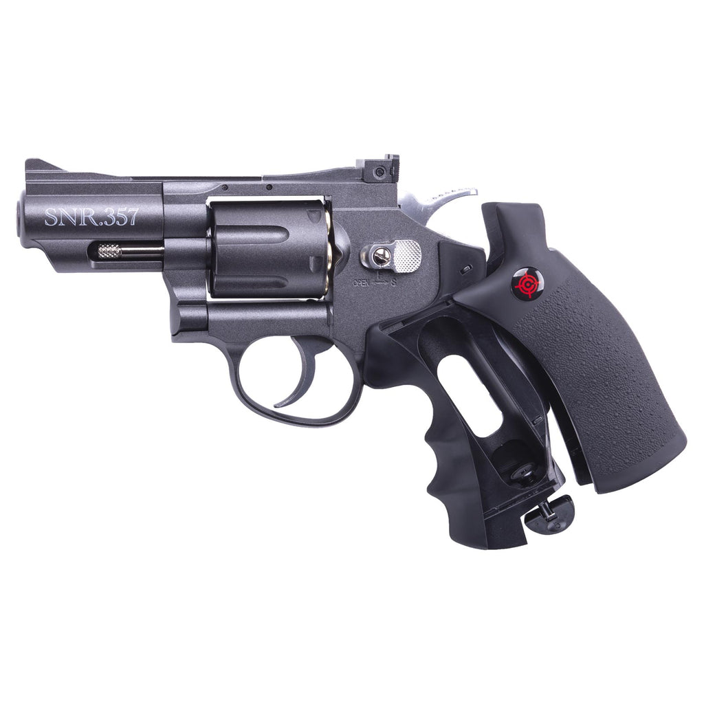 Crosman SNR357 Snub Nose CO2 Revolver for Pellets and BBs - Dual Ammo 6-Shot Swing Out Cylinder, Full Metal Body, Adjustable Sights - Black/Grey