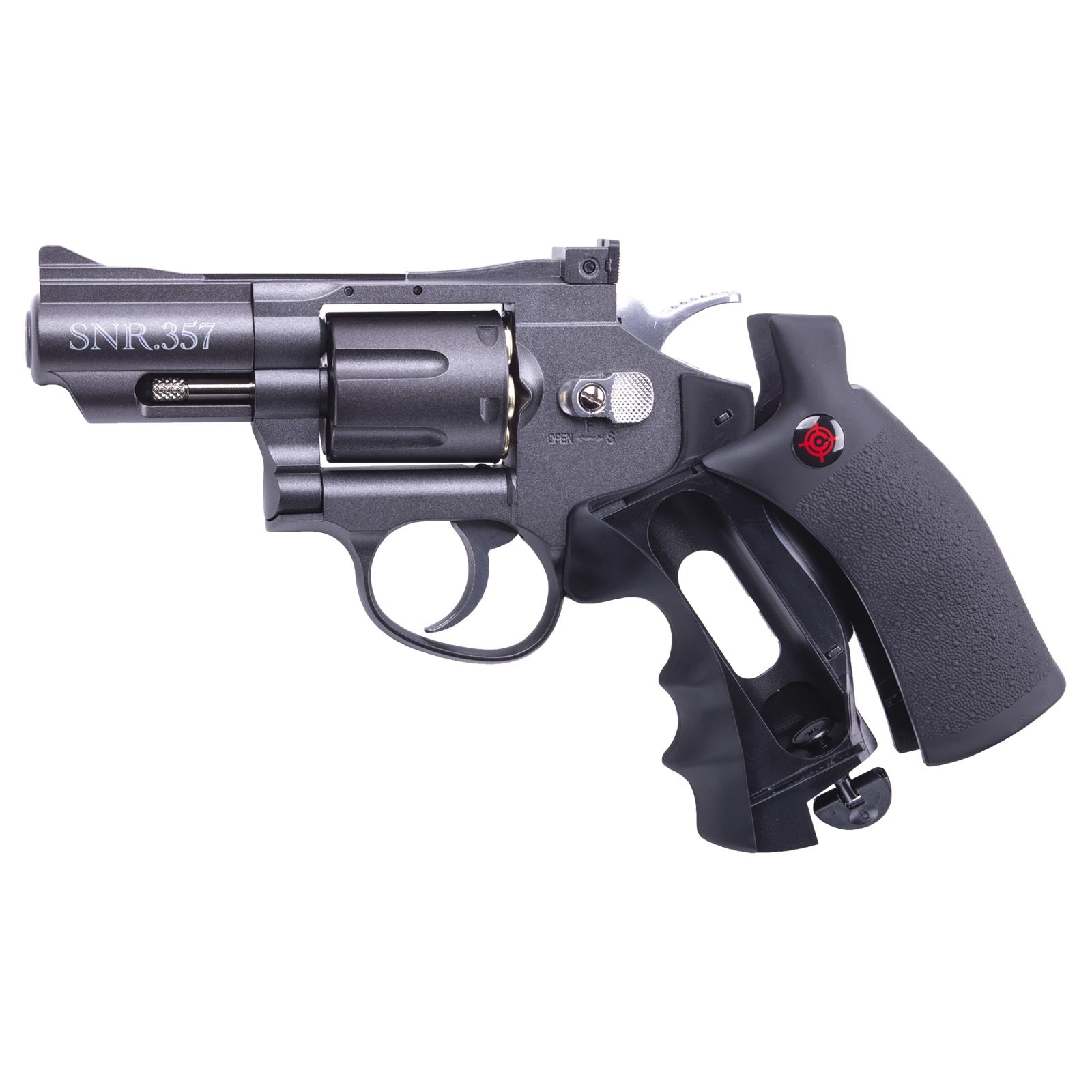 Crosman SNR357 Snub Nose CO2 Revolver for Pellets and BBs - Dual Ammo 6-Shot Swing Out Cylinder, Full Metal Body, Adjustable Sights - Black/Grey