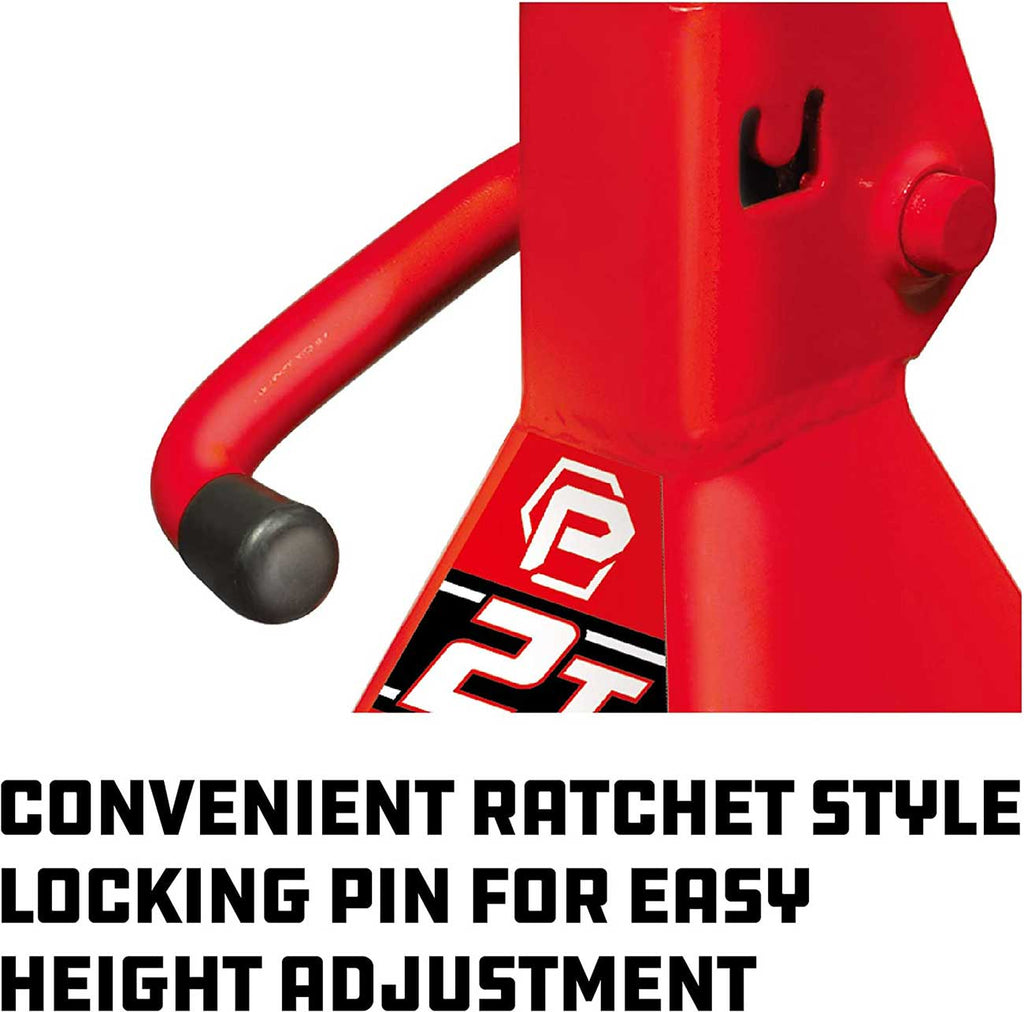 Powerbuilt 2 Ton Ratchet Jack Stand Pair, 4000 Pound 2-Piece Heavy Duty Steel Stands, Wide Angle Stability, Adjustable Height - Red 640399