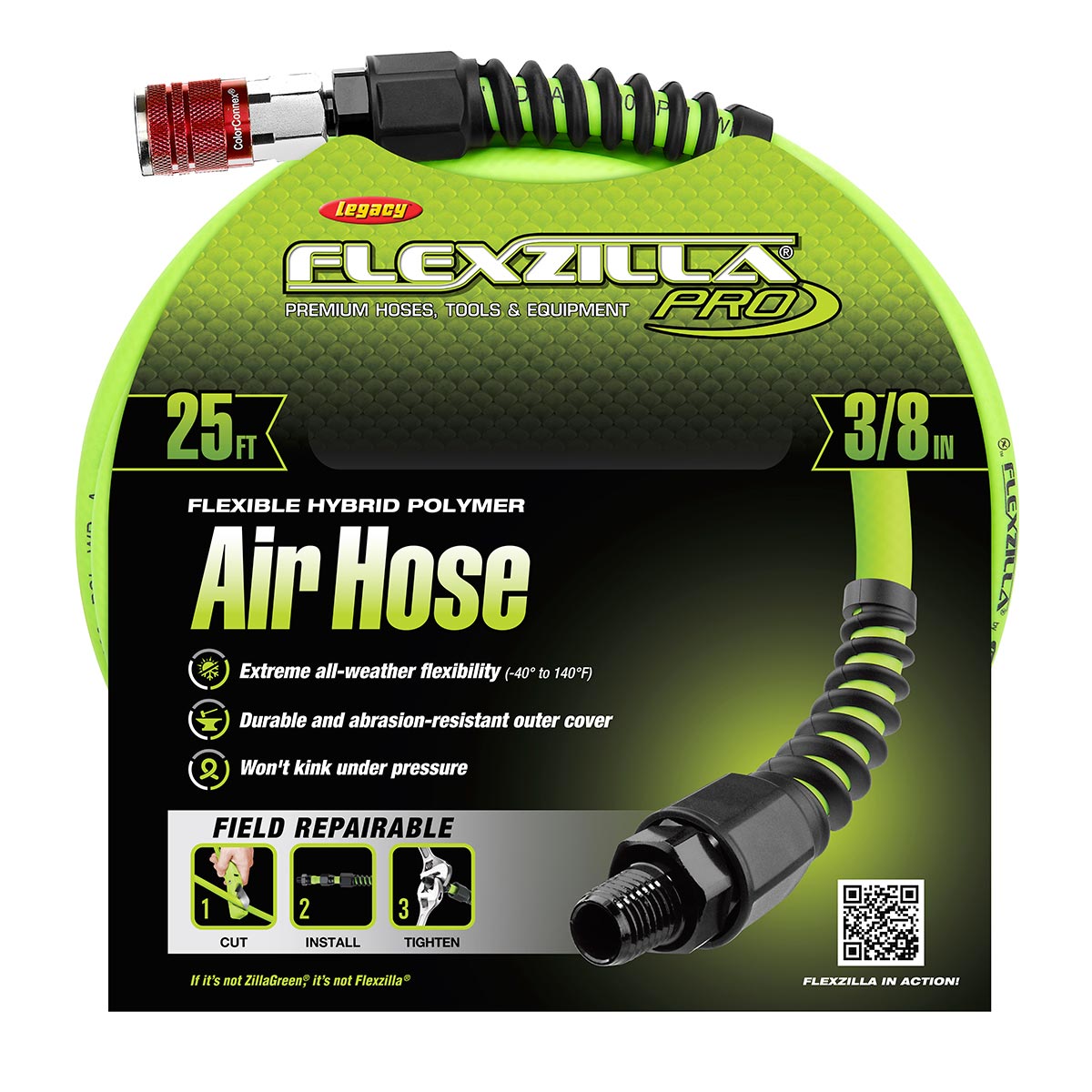Flexzilla Pro Air Hose with ColorConnex Industrial Type D Coupler and Plug, 3/8 in. x 25 ft. - HFZP3825YW2-D