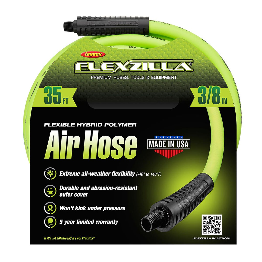 Flexzilla Air Hose, 3/8 in. x 35 ft., 1/4 in. MNPT Fittings, Heavy Duty, Lightweight, Hybrid, ZillaGreen - HFZ3835YW2