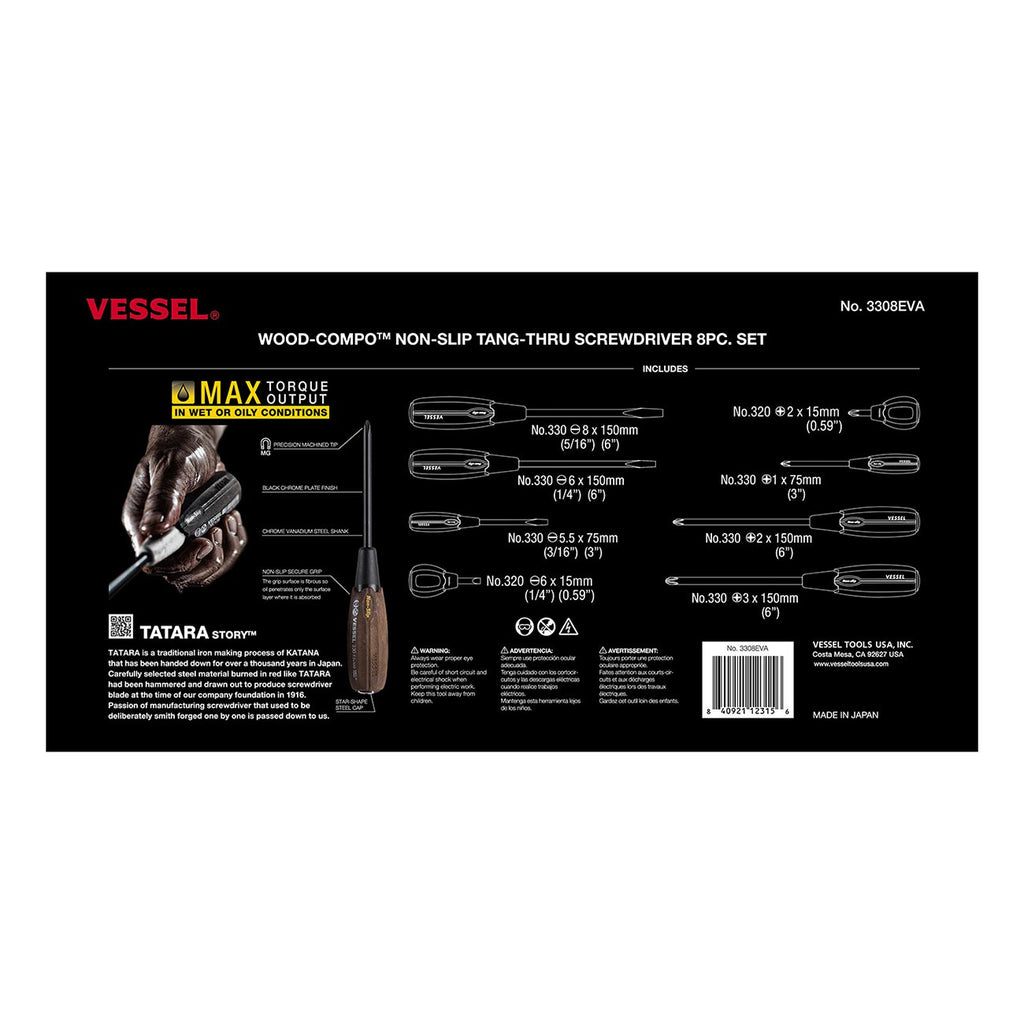 VESSEL WOOD-COMPO Non-Slip Tang-Thru Screwdriver (8PC. SET 3308EVA)