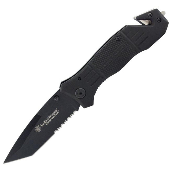 Smith & Wesson SWFR2S 8in High Carbon S.S. Folding Knife with 3.3in Tanto Point Serrated Blade and Aluminum Handle for Outdoor, Tactical, Survival and EDC