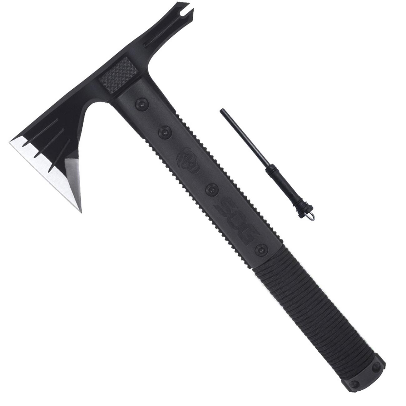 SOG Survival Hawk - Specialty Outdoor Tactical Hatchet, Fire Starter, Nail Puller, Hammer, Multi-Purpose Blade with Reflective Paracord Wrapped Handle (SK1001-CP),Black