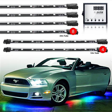 2nd Gen 8pc 24" Tubes + 4pc 12" Tubes Undercar & Interior Advanced 3 Million Color UFO Style LED Car Truck ATV Underbody Glow Wireless 120 Preset Remote Control Light Options Accent Light Kit