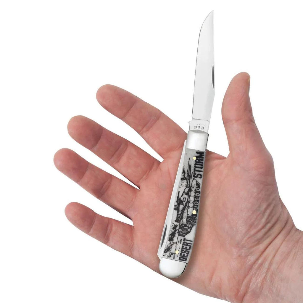 Case XX WR POCKET KNIFE TRAPPER - DESERT STORM - EMBELLISHED SMOOTH NATURAL BONE, ITEM 50953, LENGTH CLOSED 4 1/8 INCH (6254 SS)