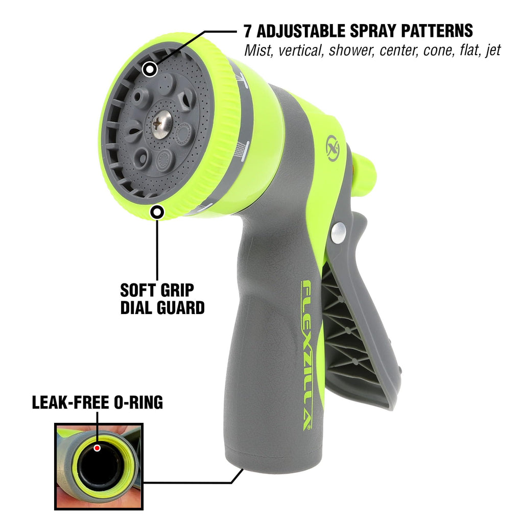 Flexzilla Heavy Duty NFZG67E 7-Pattern Adjustable Pistol Grip Garden Hose Nozzle Sprayer with Multiple Spray Settings & Durable Design