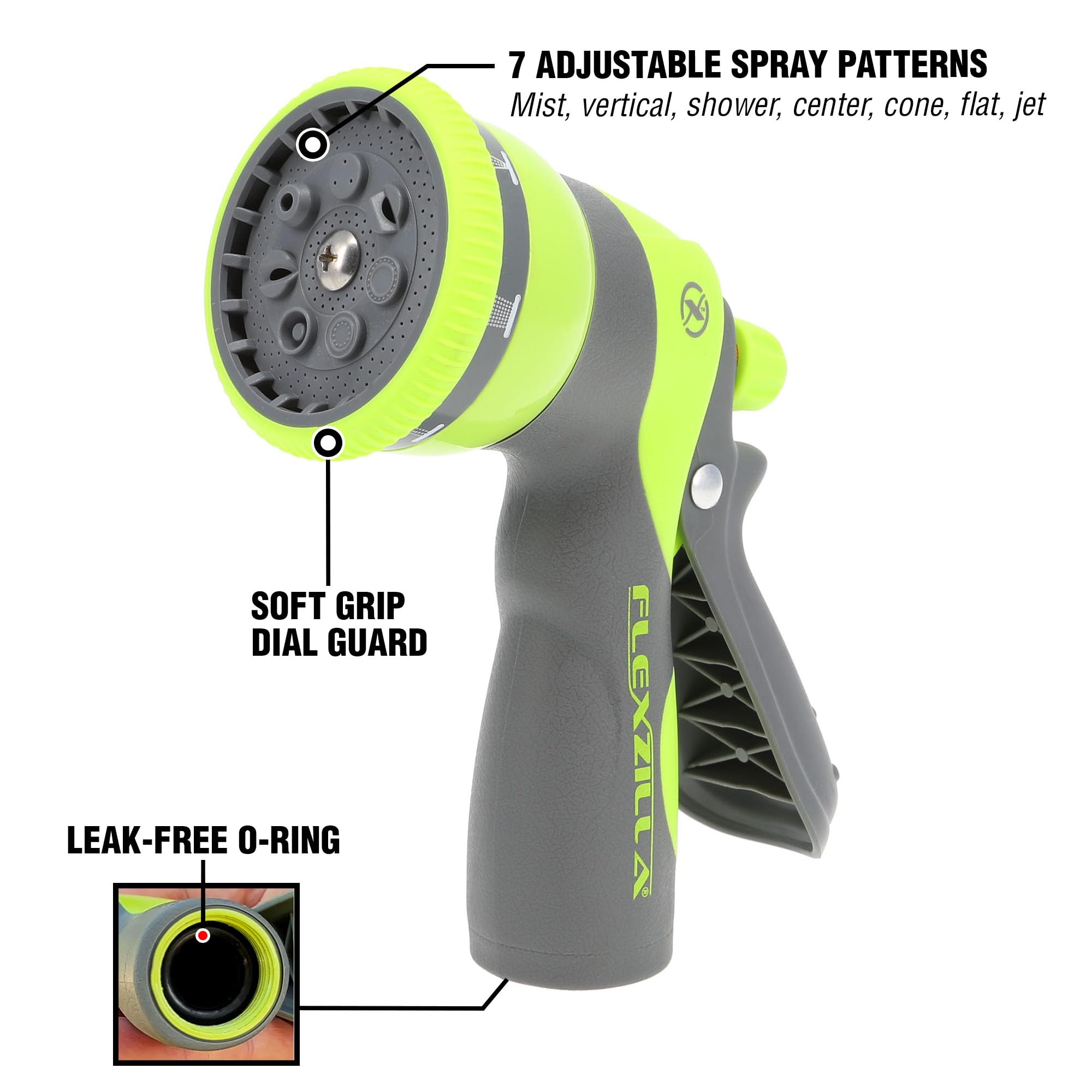 Flexzilla Heavy Duty NFZG67E 7-Pattern Adjustable Pistol Grip Garden Hose Nozzle Sprayer with Multiple Spray Settings & Durable Design
