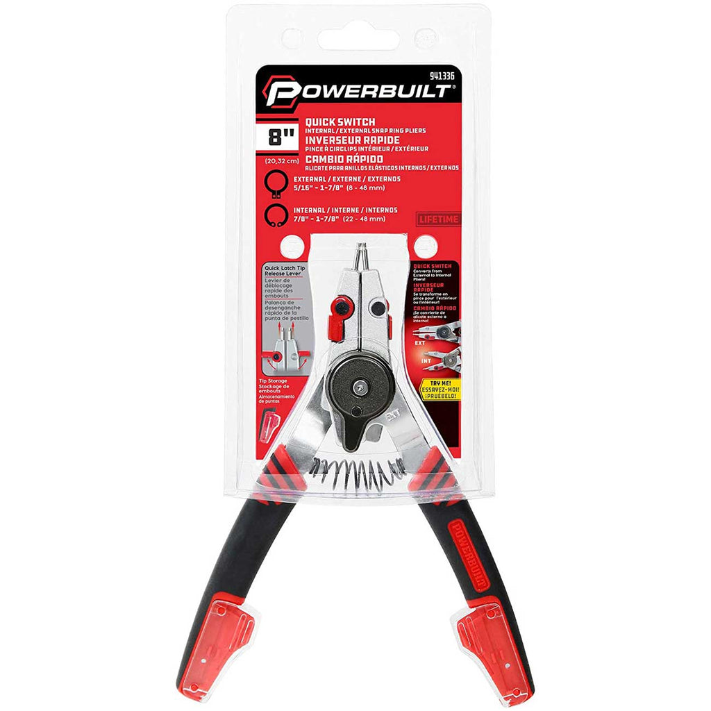Powerbuilt Snap Ring Pliers with Combination Internal External Switch, Reversible, Remove and Install, Spring Loaded, Tips Included - Red 941336