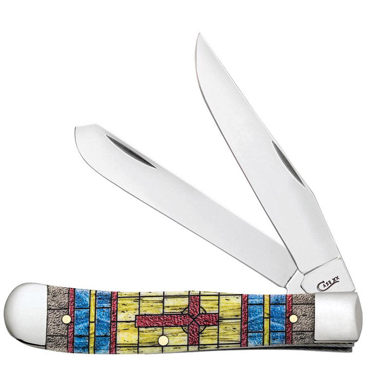 Case WR XX Pocket Knife Trapper Stained Glass Cross Natural Bone Color Wash Item #38713 - (6254 SS) - Length Closed: 4 1/8 Inches