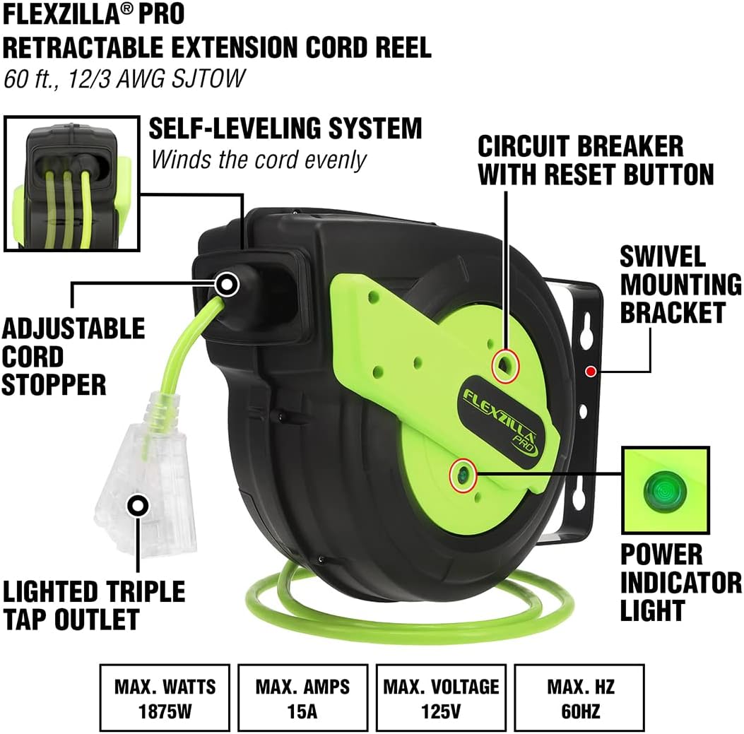 Flexzilla Retractable Extension Cord Reel, 12/3 AWG SJTOW Cord, 60', Grounded Triple Tap Outlet, ZillaGreen, FZ8120603