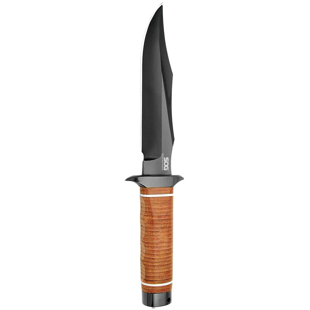 SOG Super Bowie 7.5" Black TiNi Fixed Blade Leather Handles Leather Sheath