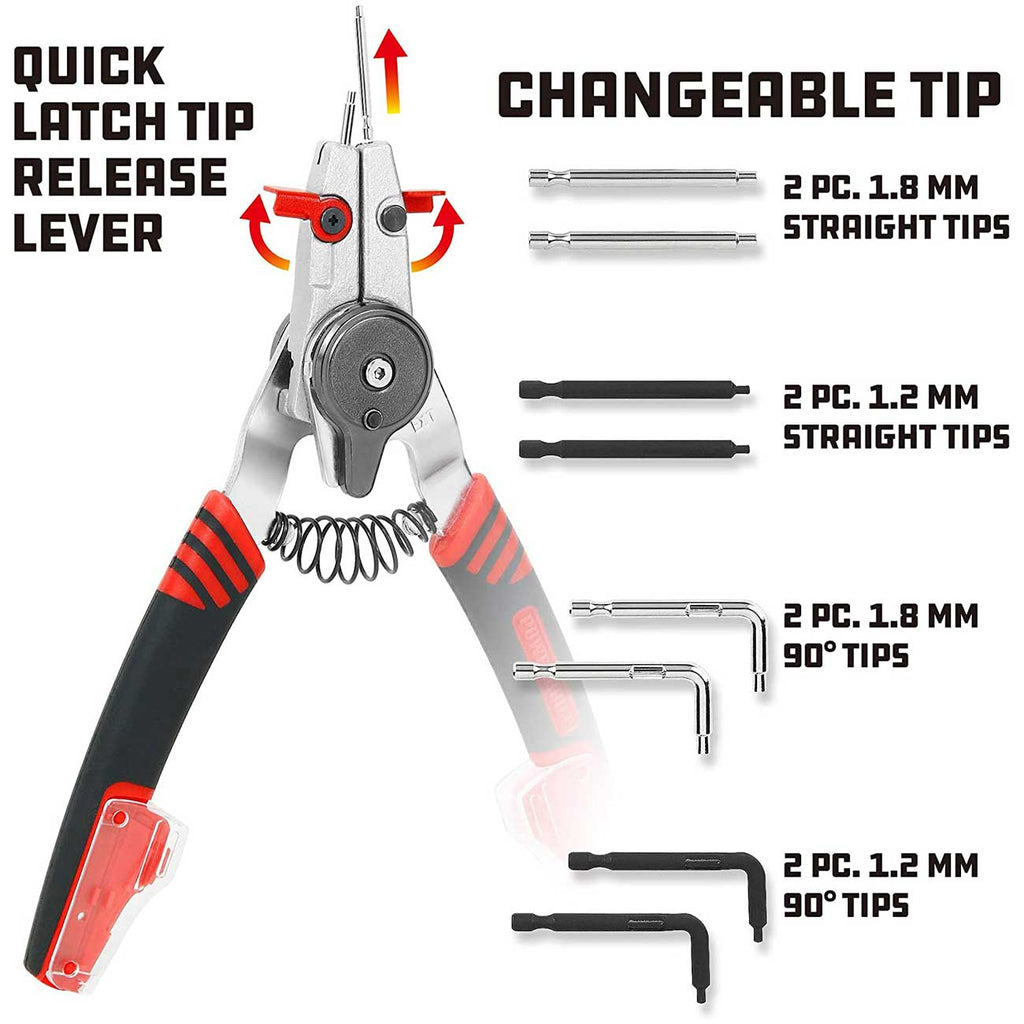 Powerbuilt Snap Ring Pliers with Combination Internal External Switch, Reversible, Remove and Install, Spring Loaded, Tips Included - Red 941336