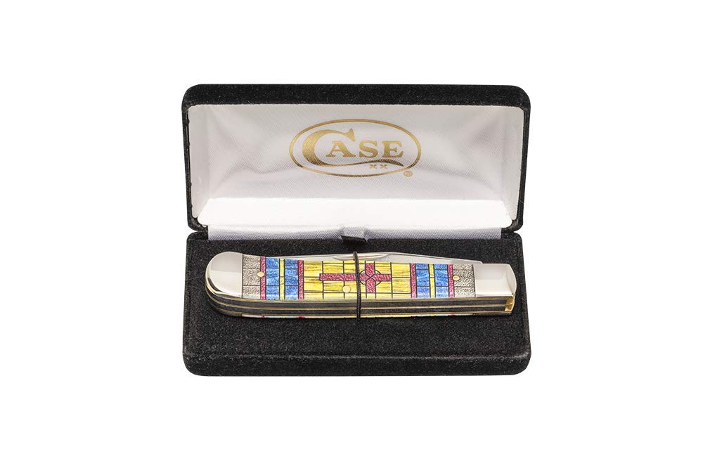 Case WR XX Pocket Knife Trapper Stained Glass Cross Natural Bone Color Wash Item #38713 - (6254 SS) - Length Closed: 4 1/8 Inches