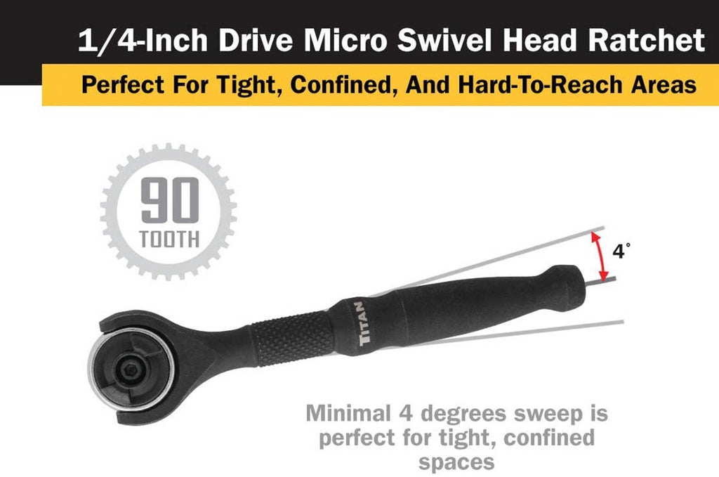 Titan 11313 1/4-Inch Drive x 4-Inch Micro 90-Tooth Swivel Head Ratchet