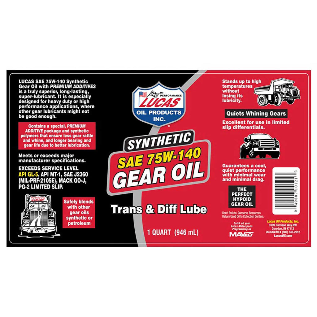 Lucas Oil Synthetic Gear Oil, 4 Pack, 75W-140, 4 Gallons (1 Quart Each), High-Performance Applications