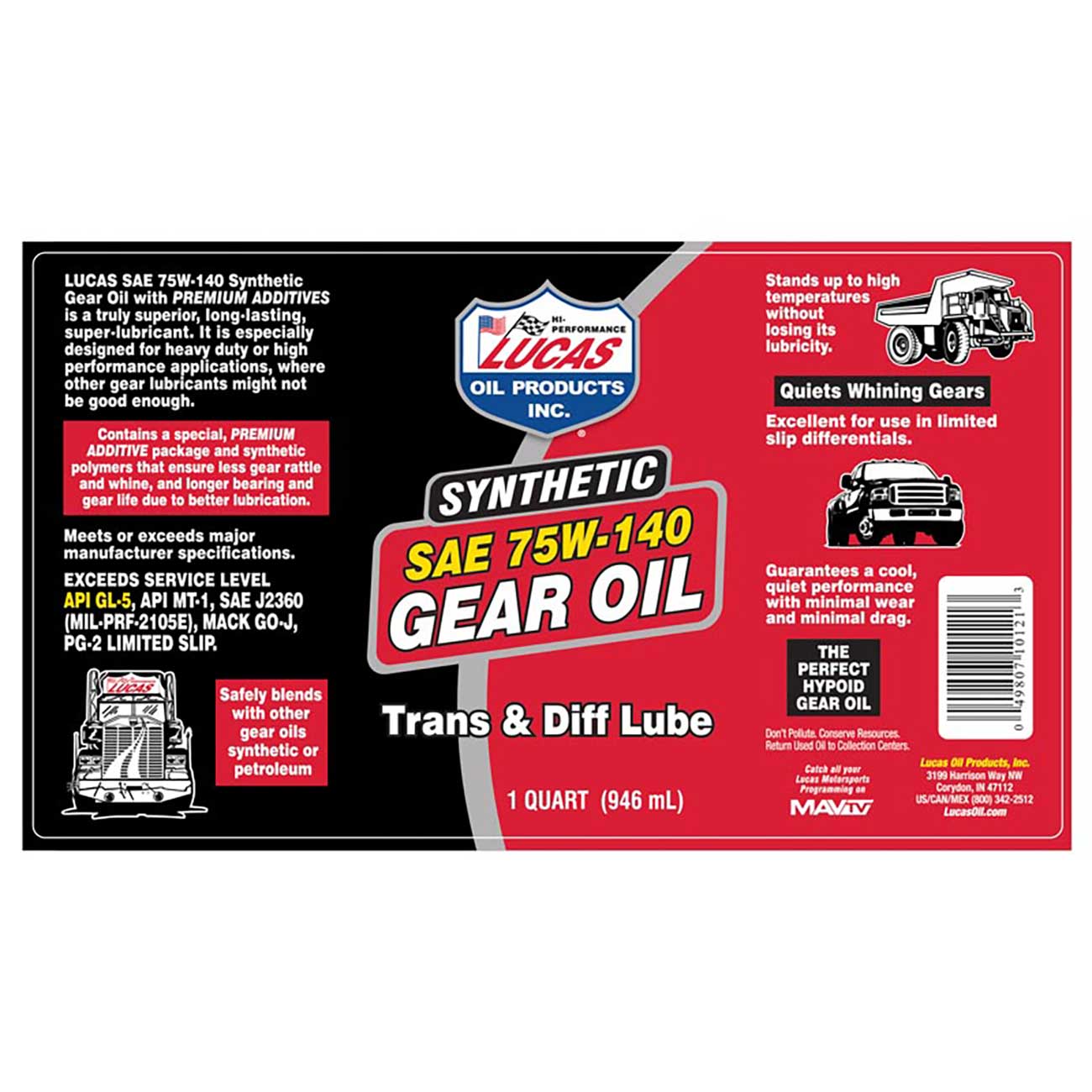 Lucas Oil Synthetic Gear Oil, 4 Pack, 75W-140, 4 Gallons (1 Quart Each), High-Performance Applications