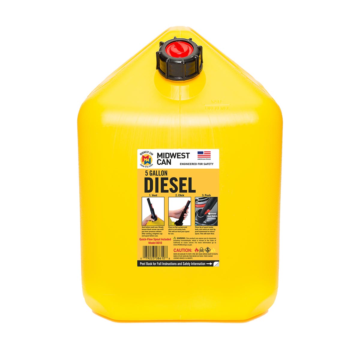 Midwest Can 8610 Safe-Flo Auto Shut Off 5 Gallon Diesel Can Yellow Plastic Fuel Container with FlameShield Safety System & Quick-Flow Spout - 1 Pack