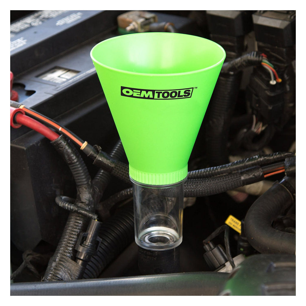 OEMTOOLS 87021 Direct Fit Oil Funnel, Threaded for GM, BMW, and More, No-Spill Automotive Funnel with Transparent Chamber and Wide Flow Passage