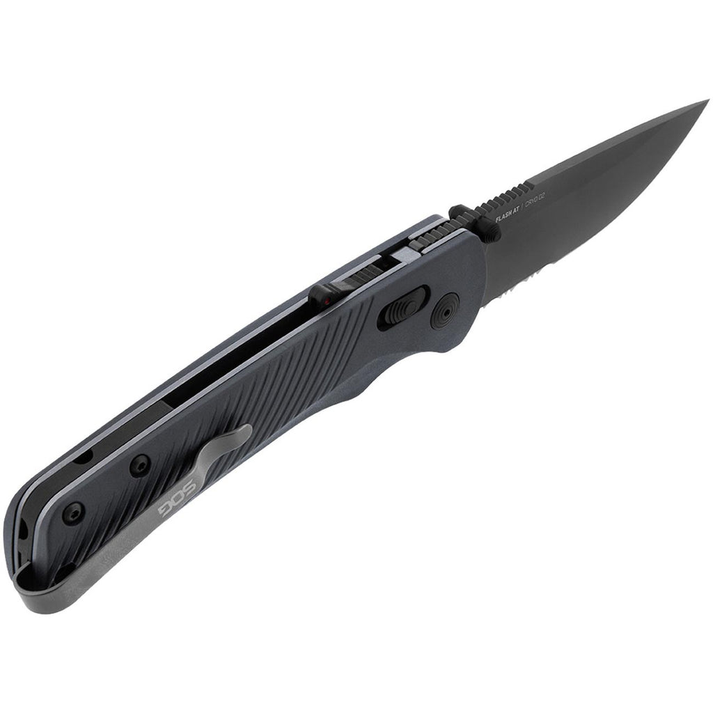 SOG Flash AT Daily Carry Ambidextrous Partially Serrated Pocket Folding Knife | Ergonomic Handle | D2 Steel Blade, Urban Grey