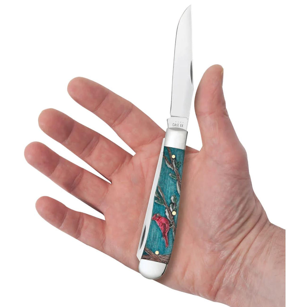 Case XX WR POCKET KNIFE TRAPPER - CARDINAL EMBELLISHED NATURAL BONE W/COLOR WASH, ITEM 39159, LENGTH CLOSED 4 1/8 INCH (6254 SS)