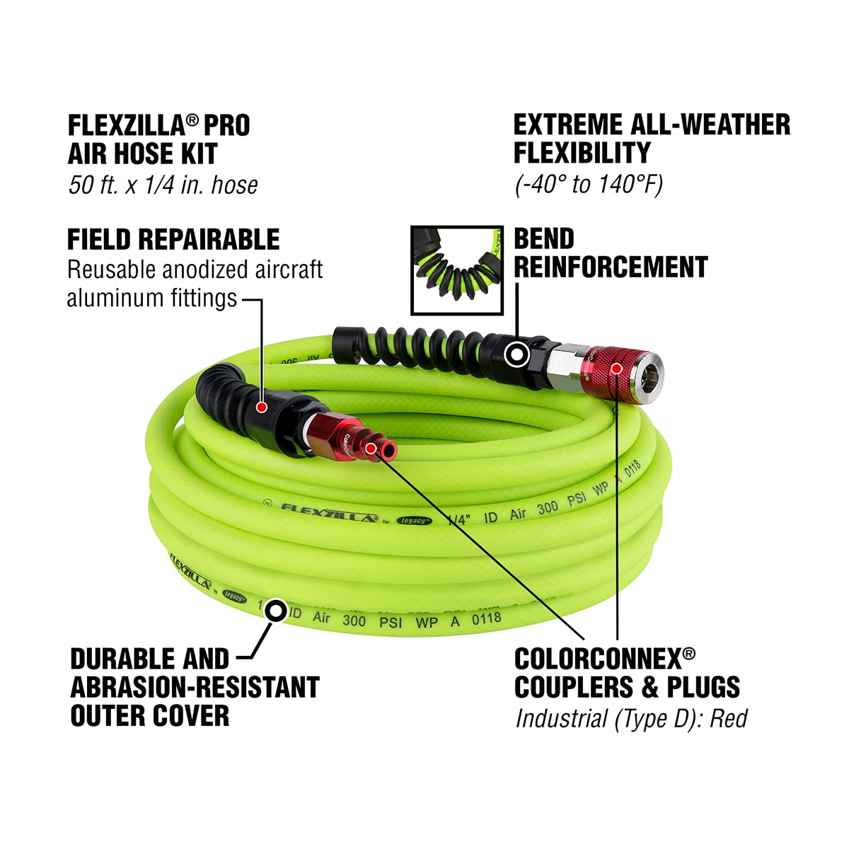 Flexzilla Pro Air Hose with ColorConnex Industrial Type D Coupler and Plug, 1/4 in. x 50 ft. - HFZP1450YW2-D