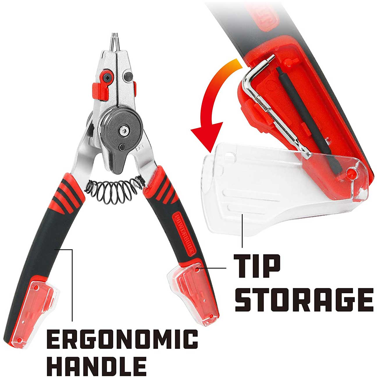 Powerbuilt Snap Ring Pliers with Combination Internal External Switch, Reversible, Remove and Install, Spring Loaded, Tips Included - Red 941336