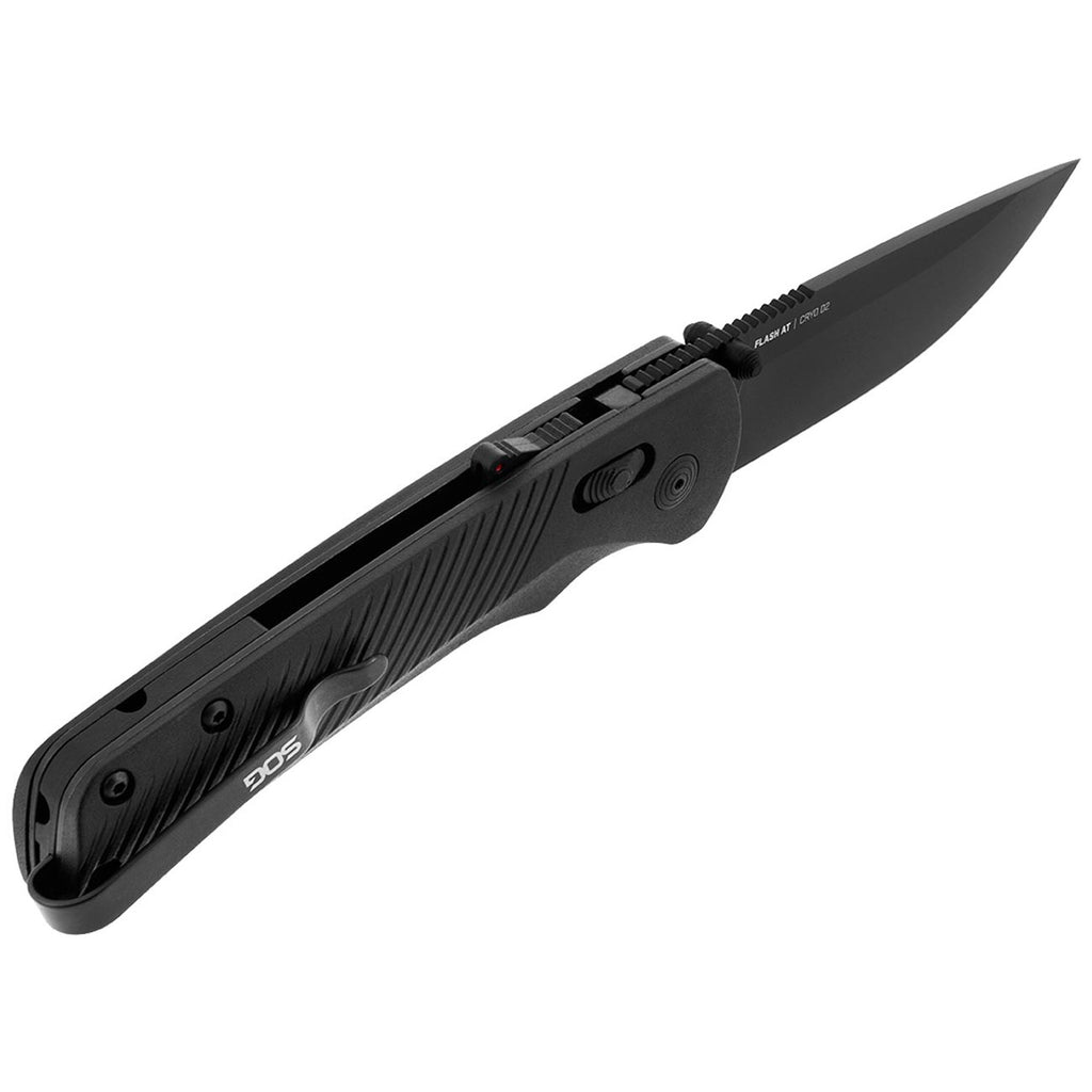 SOG Flash AT Daily Carry Ambidextrous Straight Pocket Folding Knife | Ergonomic Handle & Deep-Carry Clip | D2 Steel Blade, Blackout
