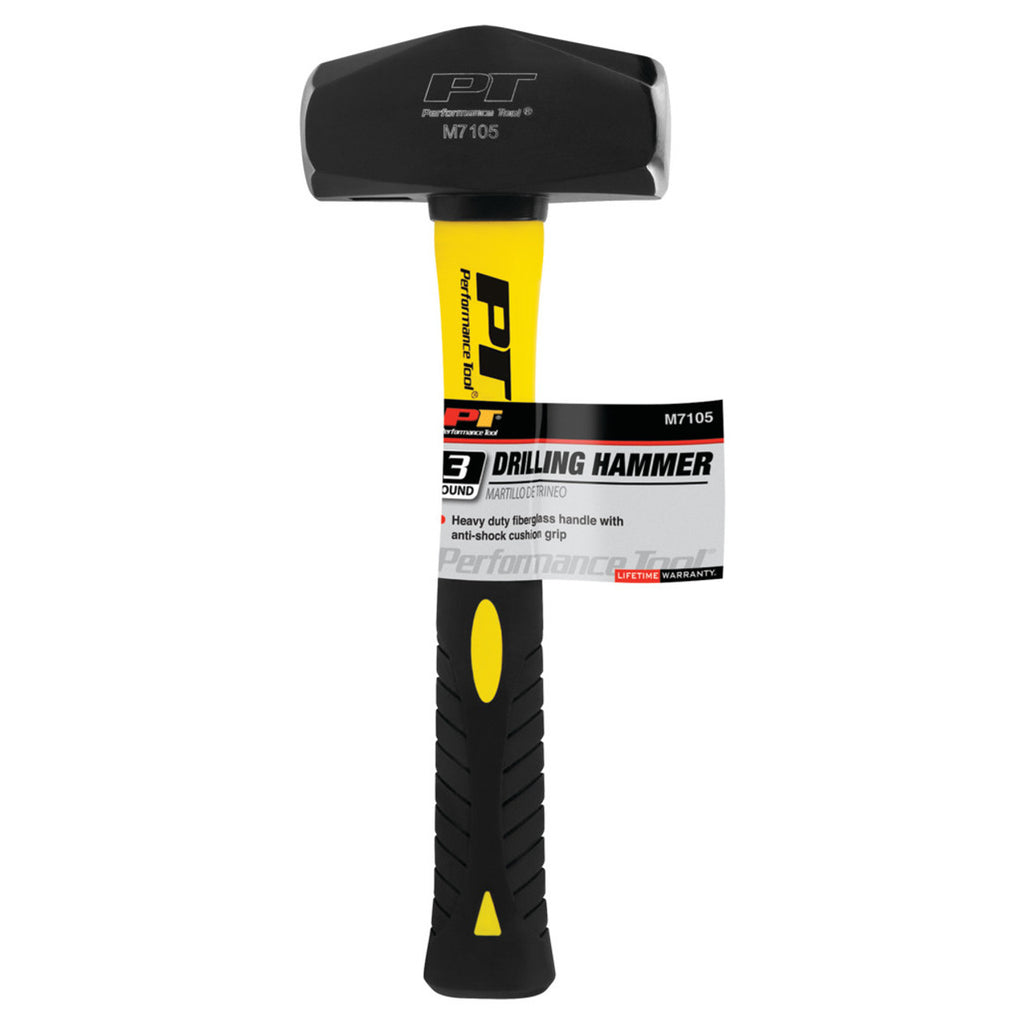 Performance Tool M7105 Heavy Duty Fiberglass Handle Hammer with Anti-Shock Rubber Cushion Grip and Mirror Polished Striking Face, 11-Inch Handle