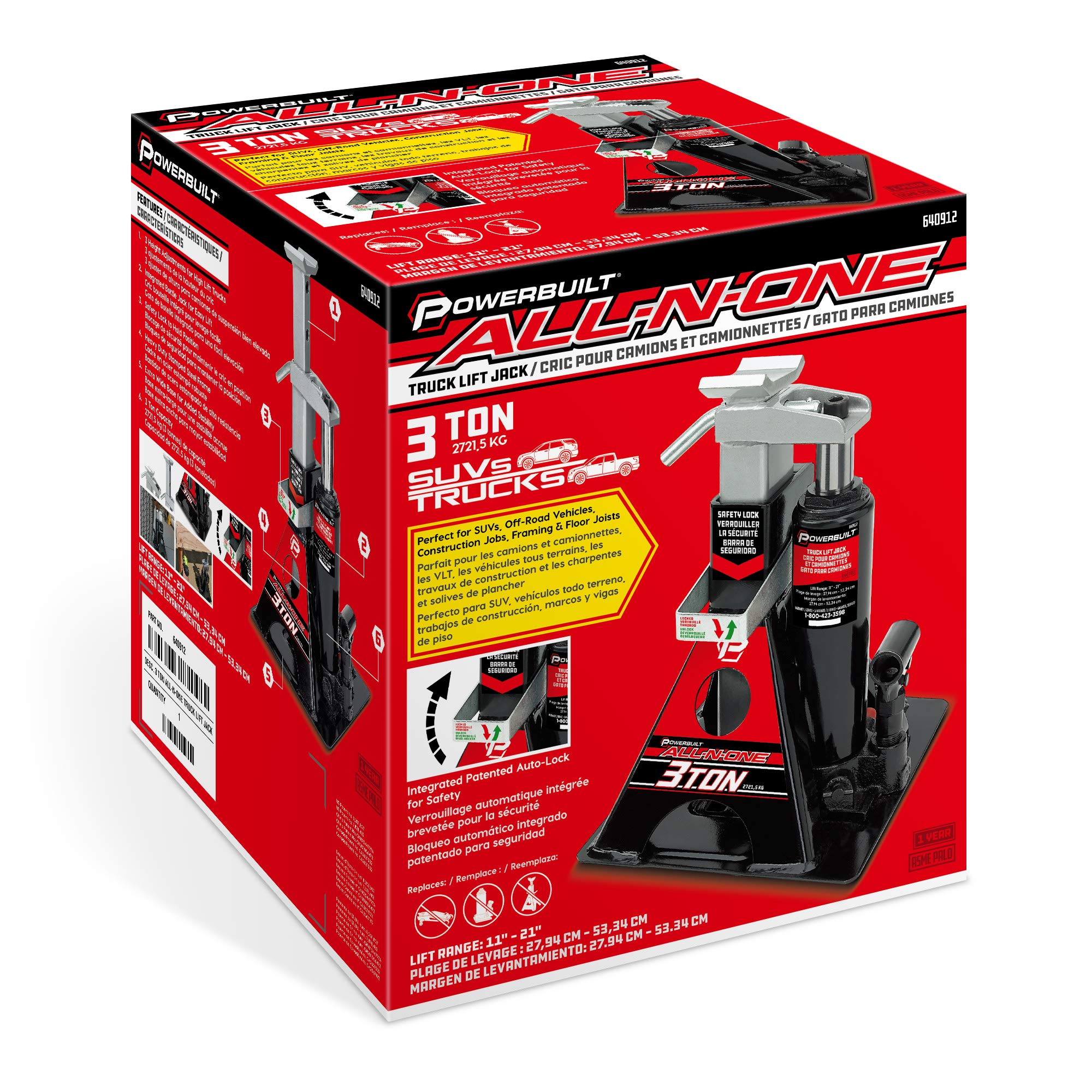 Powerbuilt 3 Ton All-in-One Hydraulic Bottle Jack and Jackstand in One Unit, Compact, Wide Base, 11-21 Inch Range, Eliminates Jackstands, for Unibody, Trucks, SUVs, RVs, Cars, Trailers, ASME - 640912