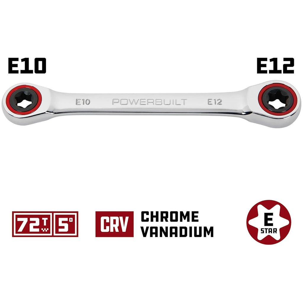 Powerbuilt E10/E12 Ratcheting Double Box-End E-Torx E-Star Wrench, 72-Tooth Ratcheting Wrench with 5-Degree Swing for Tight Spaces - 641760