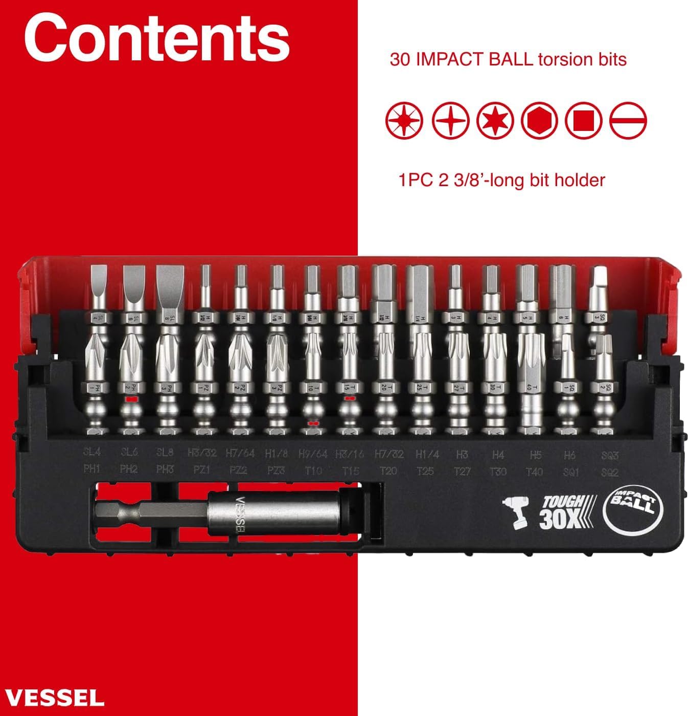 VESSEL IMPACT BALL™ Torsion Bit 30+1 PC. Set in SLIDE CASE No.IB31P02U Made in Japan by VESSEL