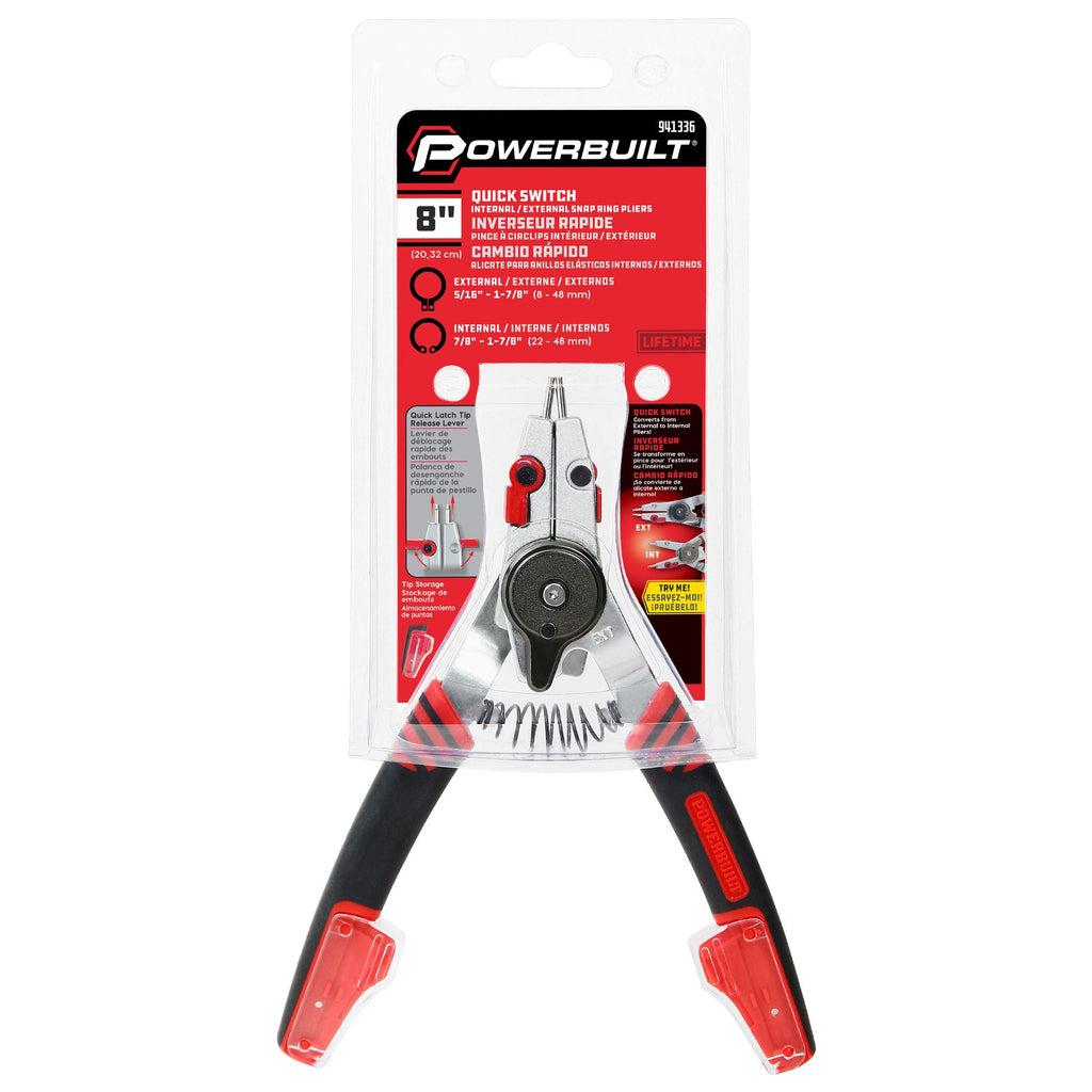 Powerbuilt Snap Ring Pliers with Combination Internal External Switch, Reversible, Remove and Install, Spring Loaded, Tips Included - Red 941336