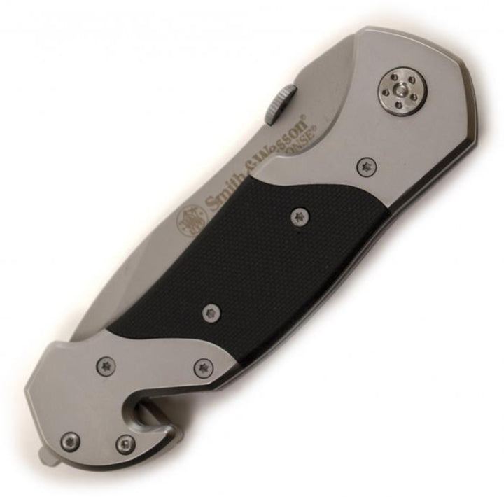 Smith & Wesson SWFRS 8in High Carbon S.S. Folding Knife with 3.3in Drop Point Serrated Blade and S.S. with G-10 Inlay Handle for Outdoor, Tactical, Survival and EDC